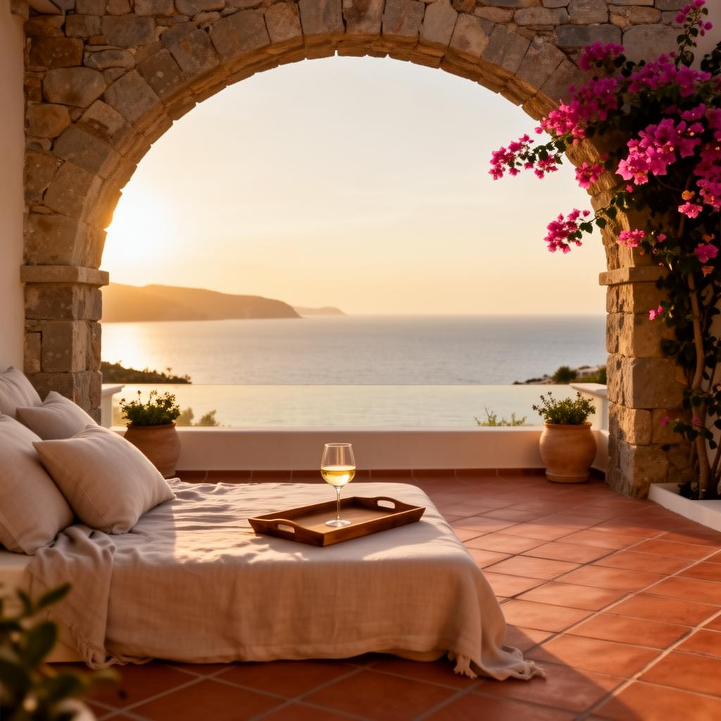 A private villa terrace overlooking the Aegean at golden hour